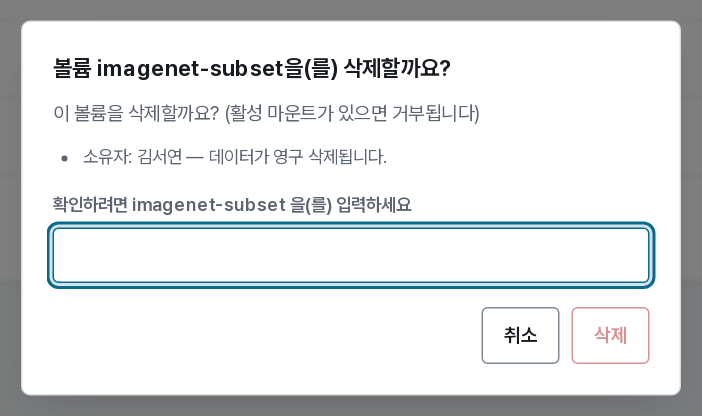 볼륨 강제 삭제 대화 상자